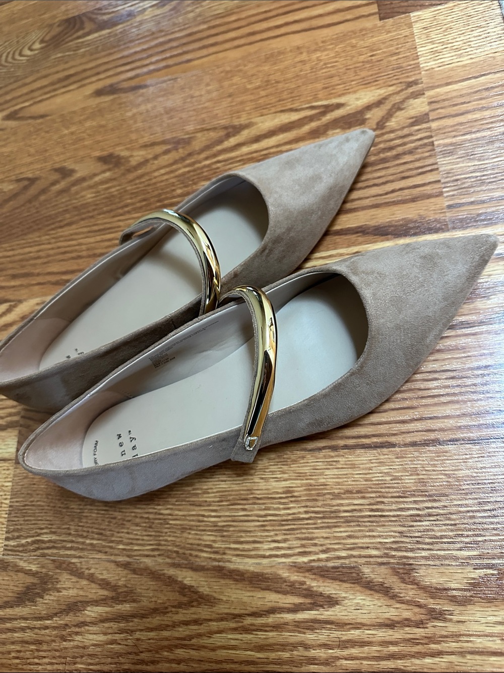 a new day Taupe Pointed Suede Flats with Gold Accent Strap